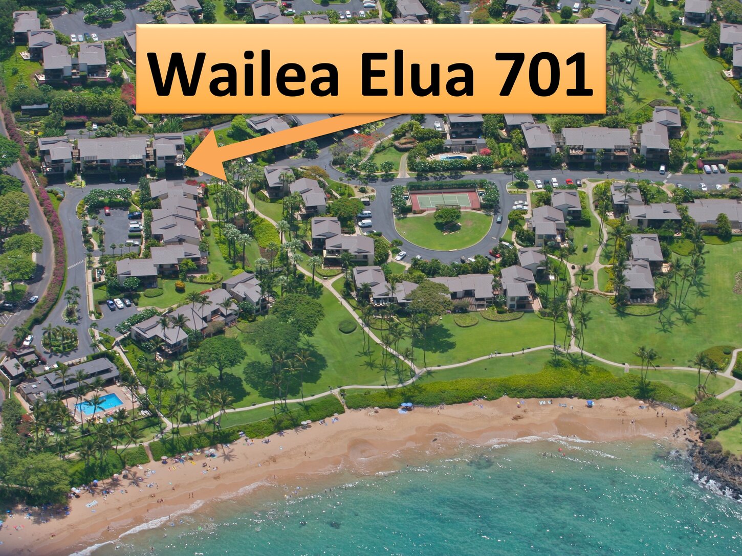 Aerial view of Elua Village showing the location of our condo