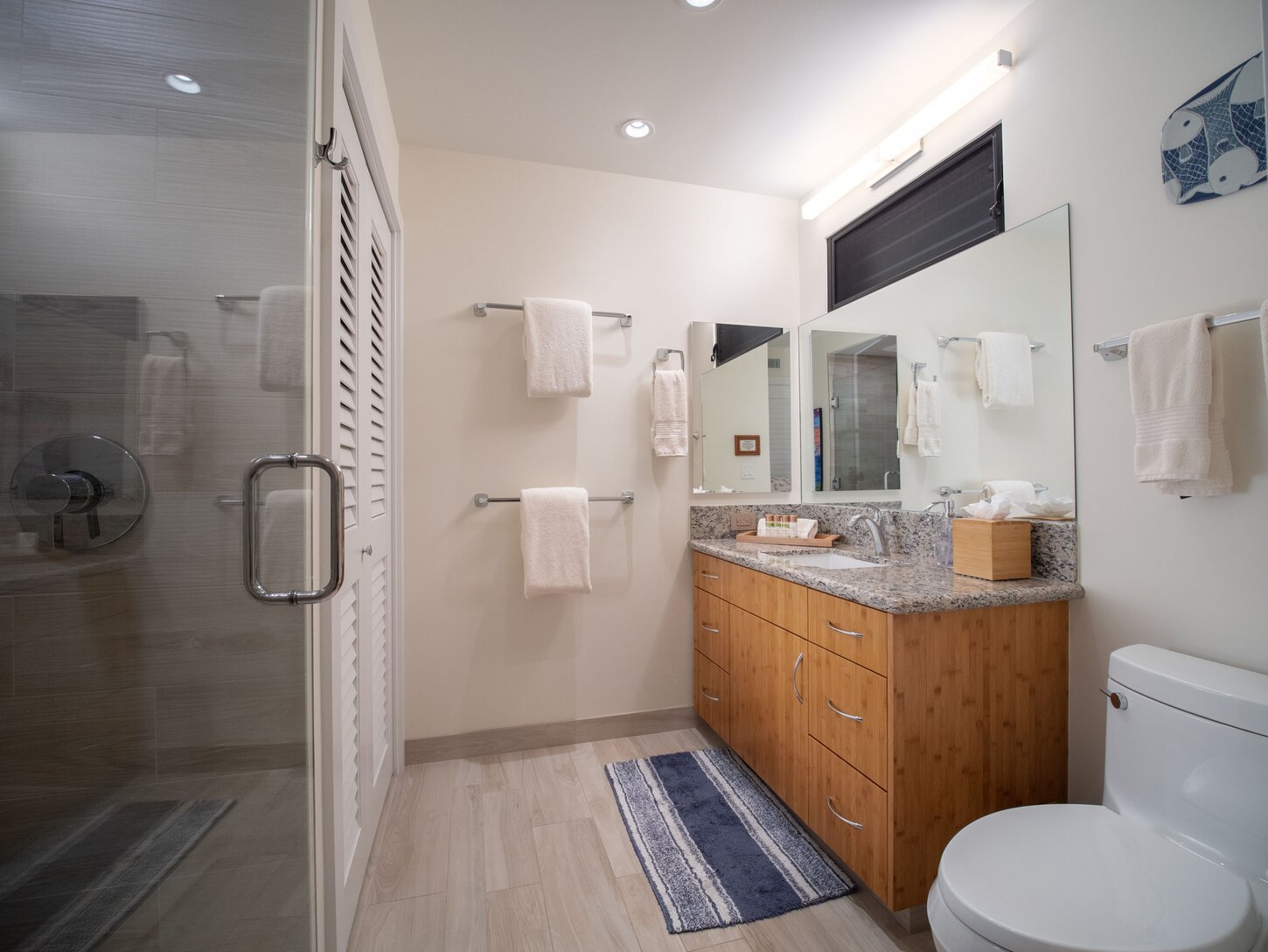 Guest bathroom with a walk-in shower and laundry facilities