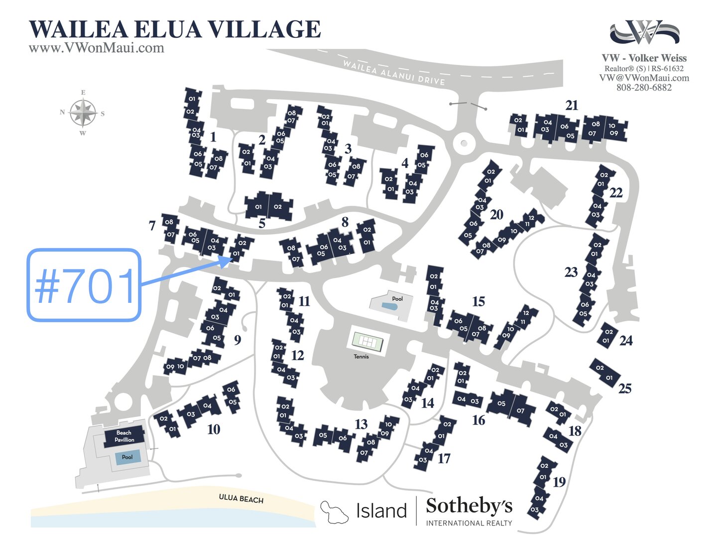 Map of Elua Village showing the location of our condo