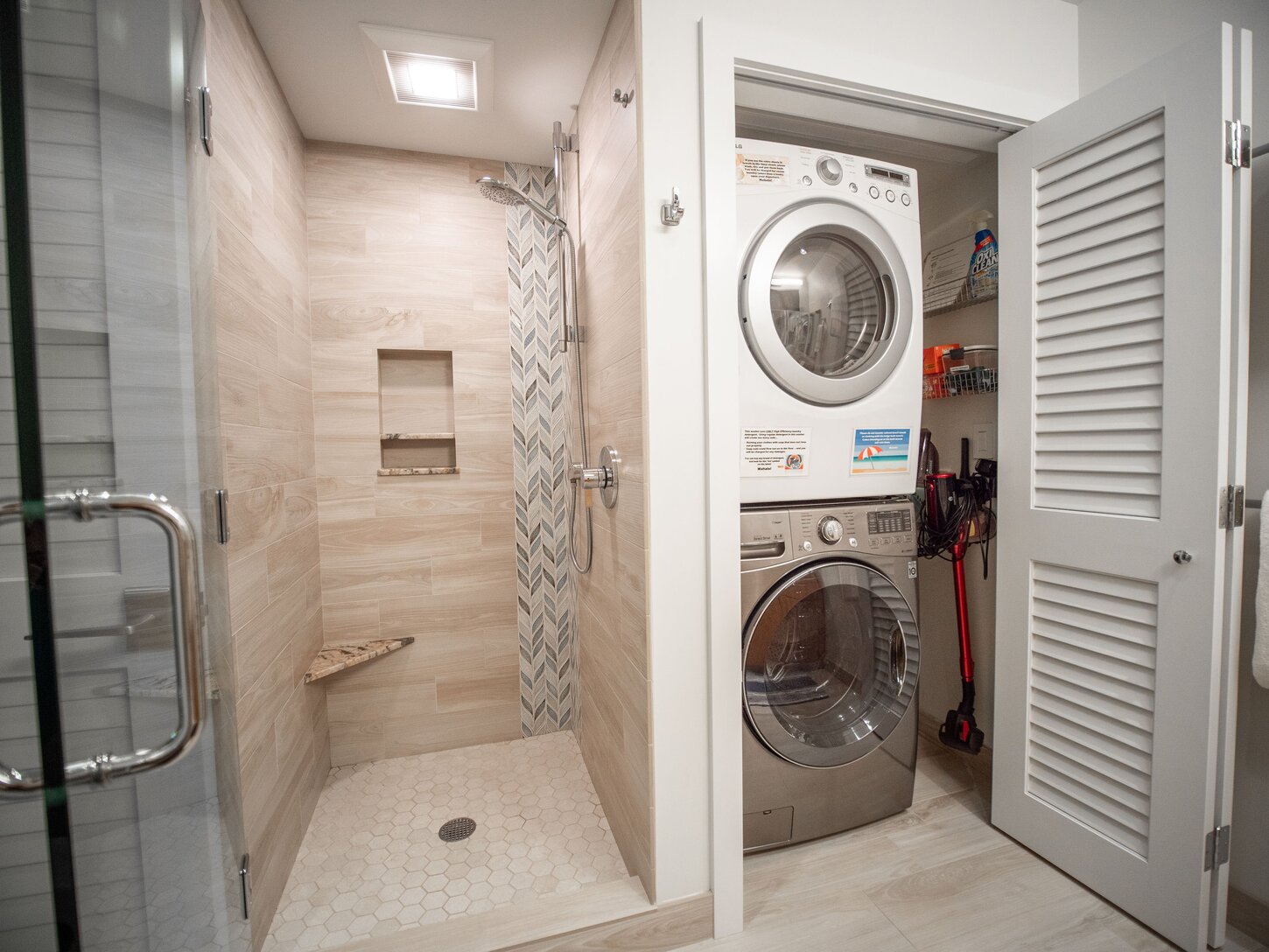 Full-size, front-loading washer and dryer for your use!