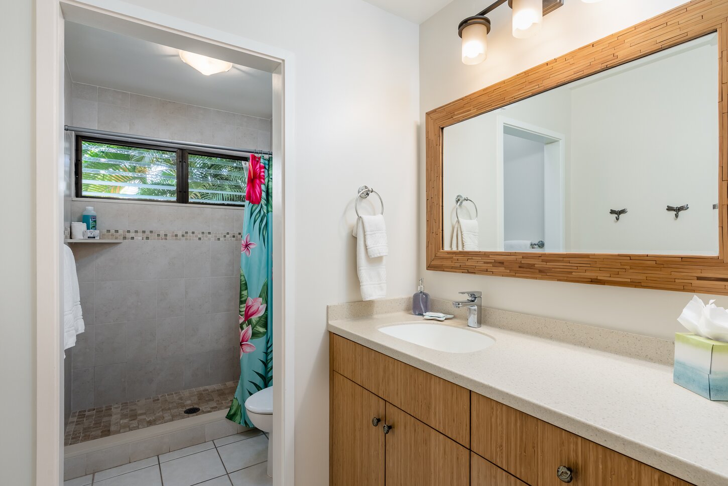 Both baths have plenty of counter and cabinet space as well as a spacious shower. Starter soaps and shampoos are provided to wash the mainland off as soon as you land!