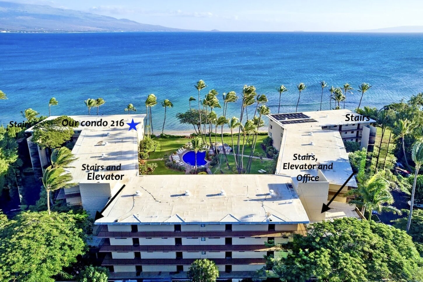 Overview of complex showing office, stairs, elevators and location of condo
