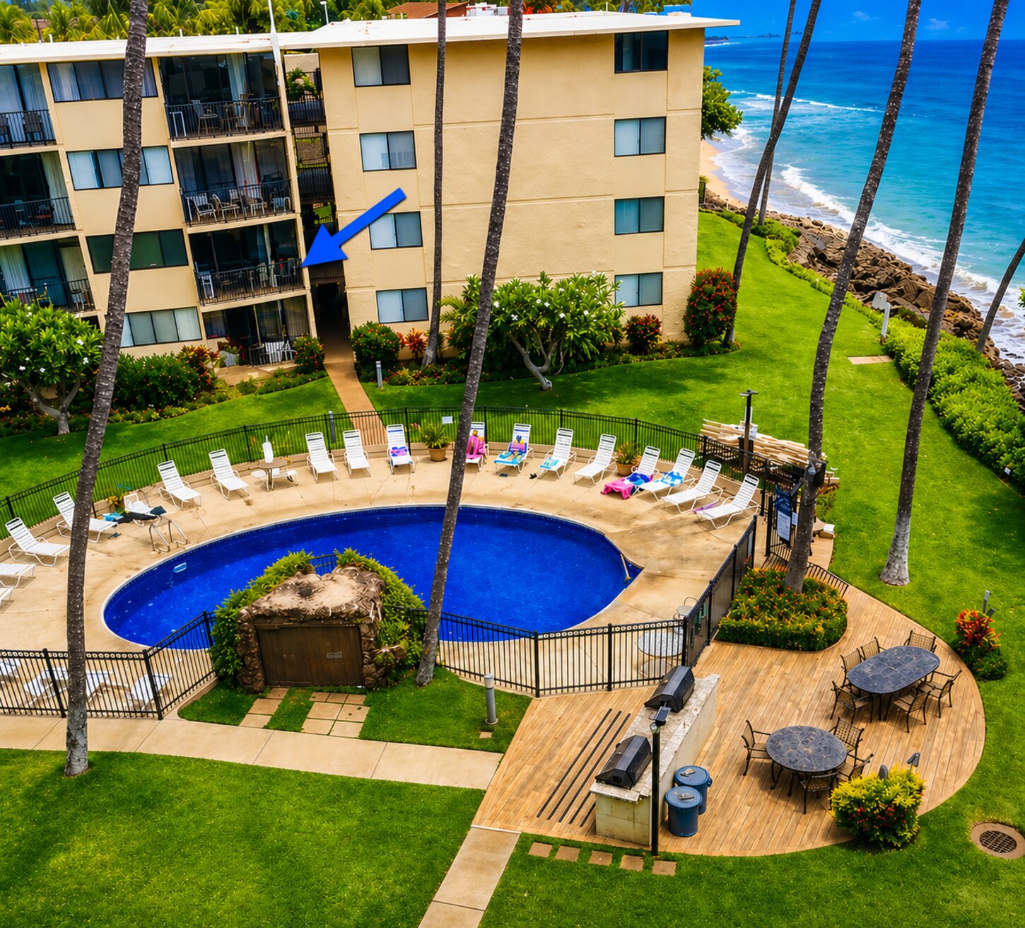 Courtyard view point to our condo pool, BBQ, out door dining area 