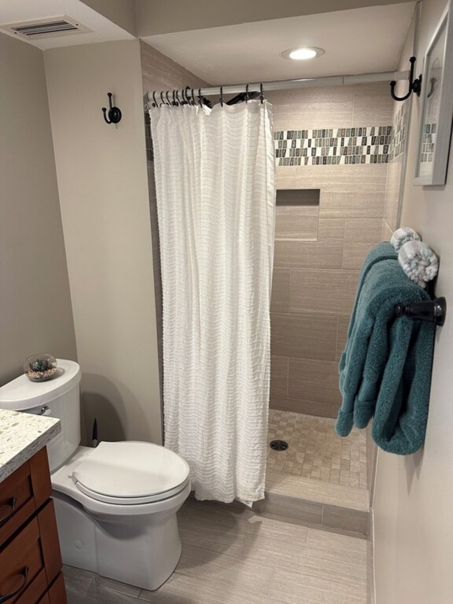 Master Bathroom with shower, starter soaps, hairdryer, ceiling fan and toiletries, towels provided 