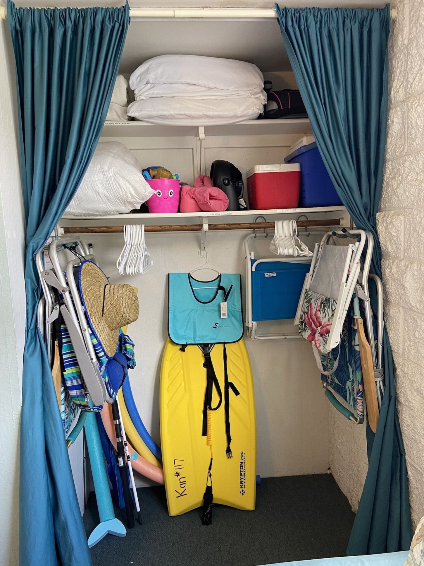 Beach chairs, ice chests, noodles, body boards. fishing poles and gear. 