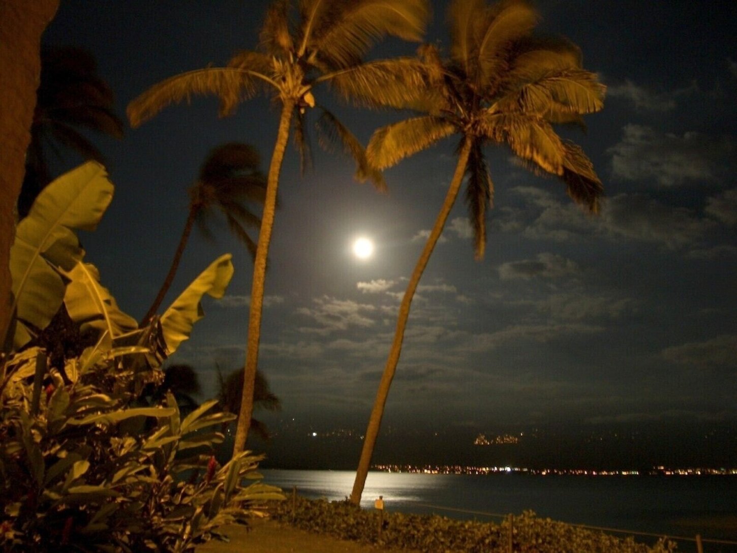 Taken from our lanai, a full moon shining on Maalaea Bay & the lights of Kihei. 
