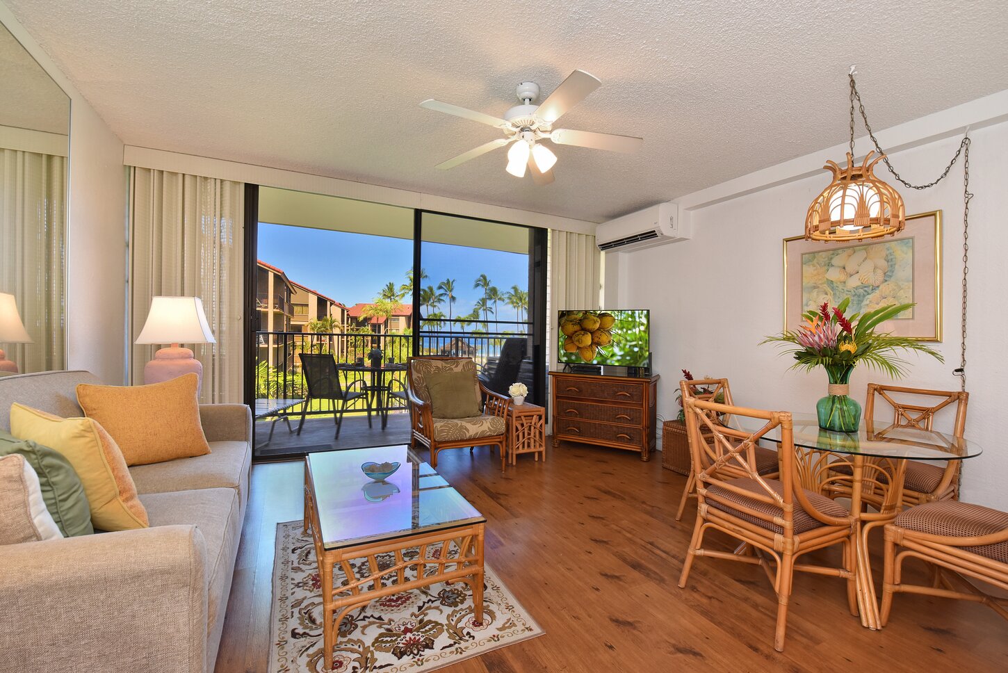 Living room with flat screen TV & AC unit above