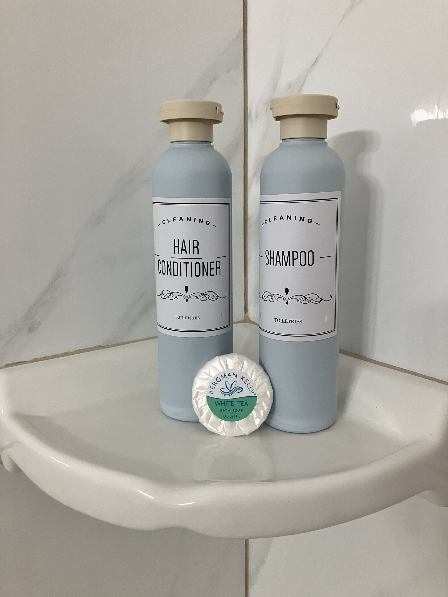 Shampoo, conditioner and soap is provided
