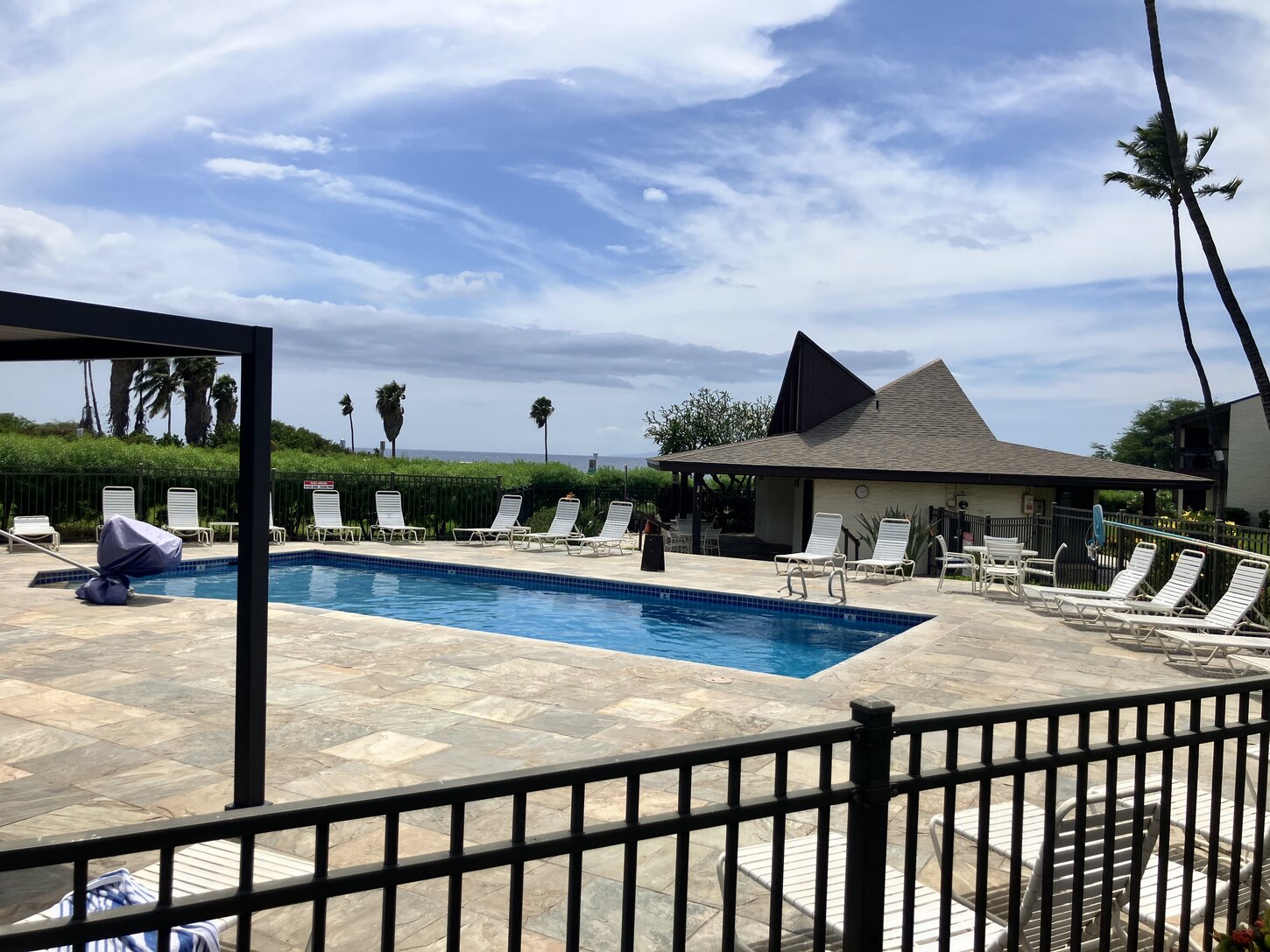 The lower swimming pool. A second one is next to the tennis court